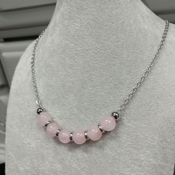 Rose Quartz Bead Necklace Natural Gemstone Crystal Stainless-Steel Chain 20" - Picture 7 of 13